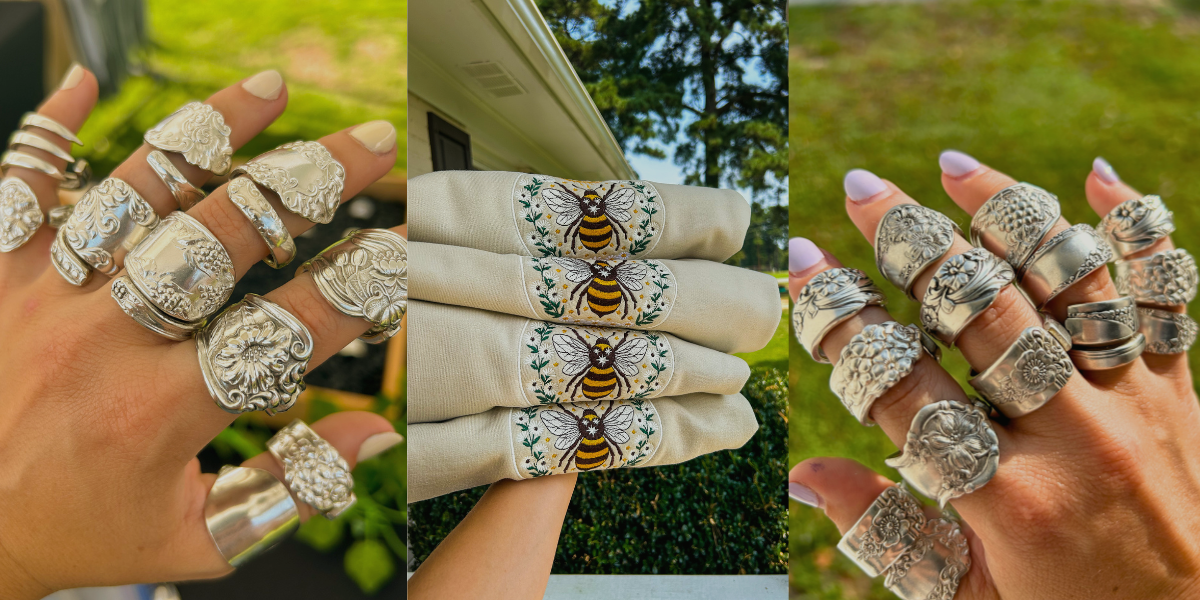 Banner with photos of rings and embroidered crewnecks