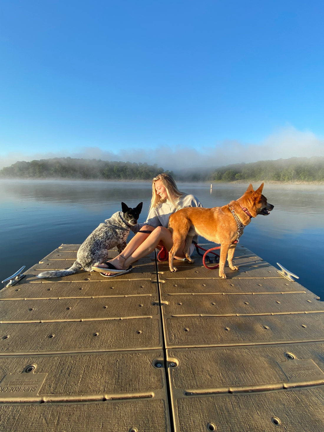 camping in iowa sitting on a dock with my two cattle dogs
